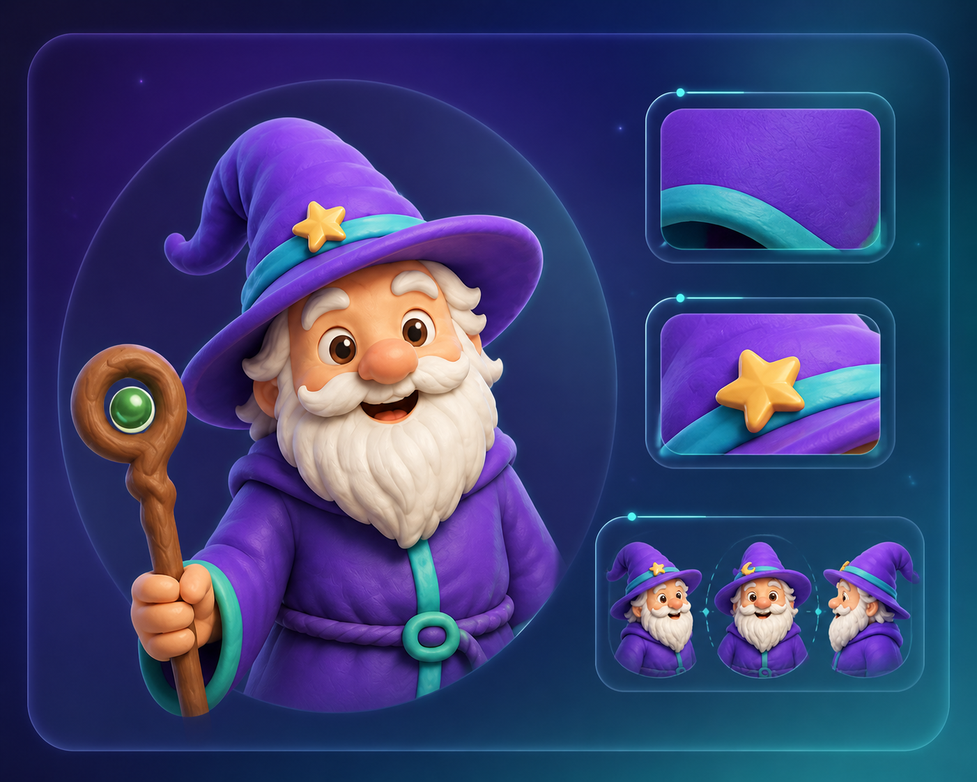 Wizard character DNA board with trait swatches and consistent views